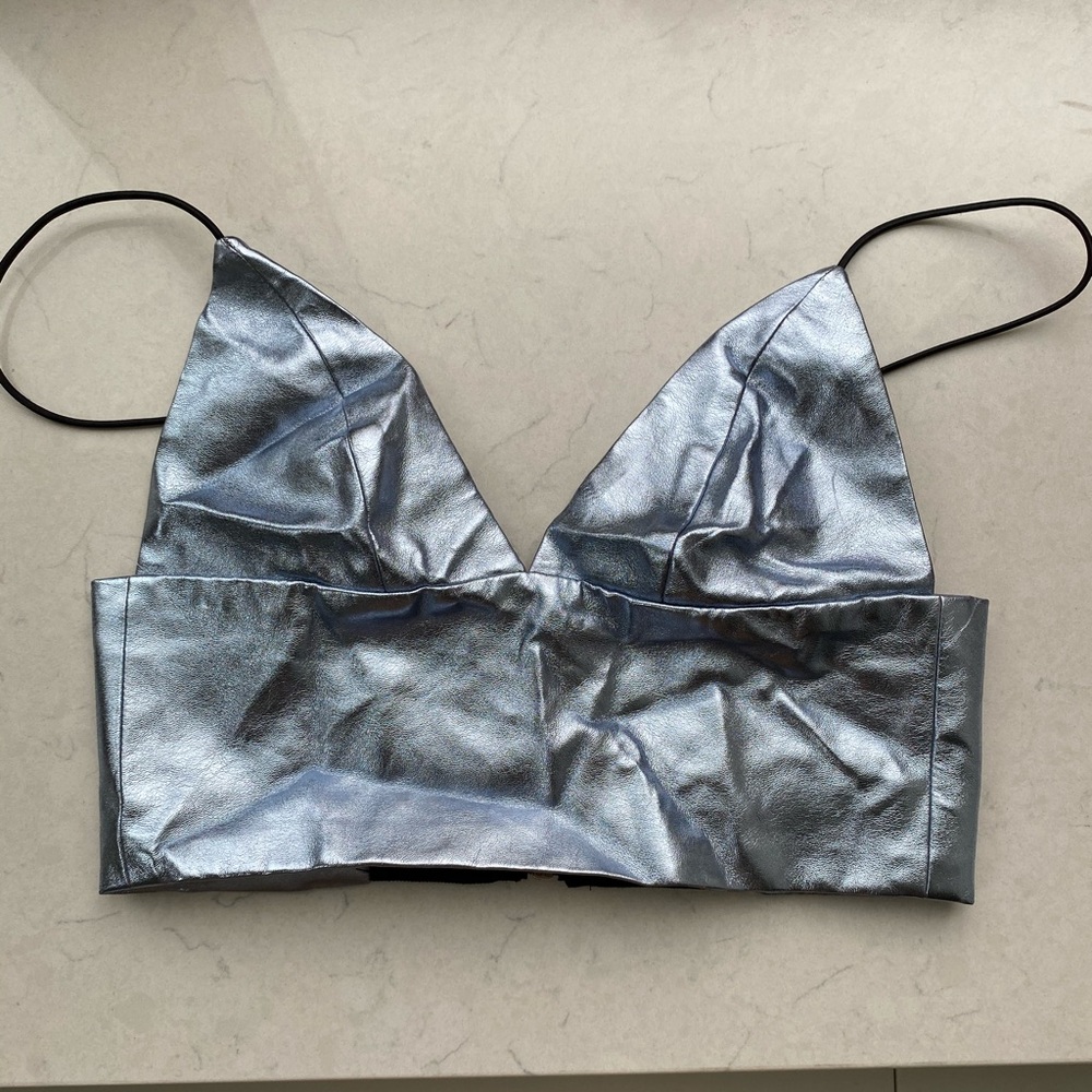 Silver, faux leather bra top.